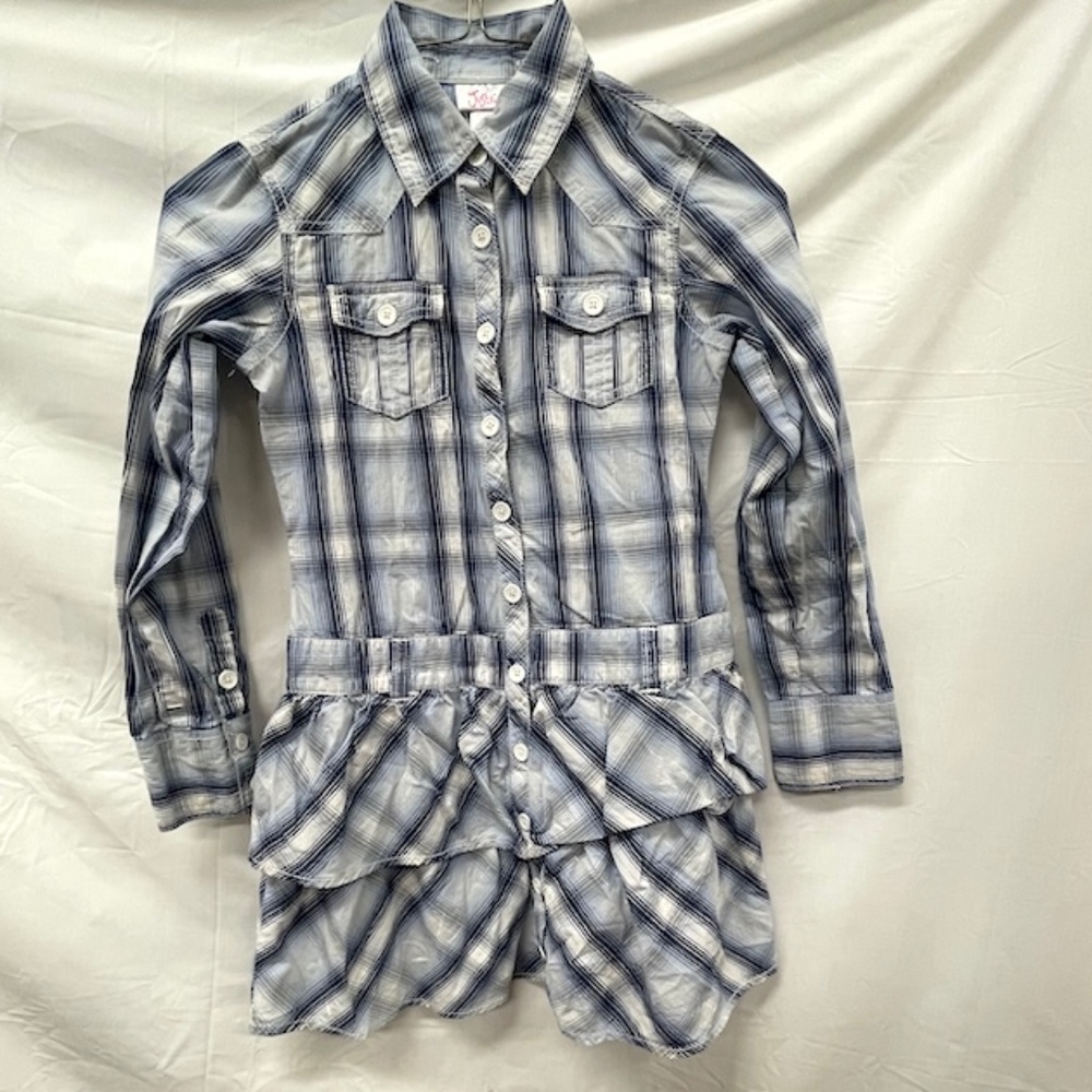 Justice Blue & White Plaid‎ Double Ruffle Shirt Dress Girls Size 7